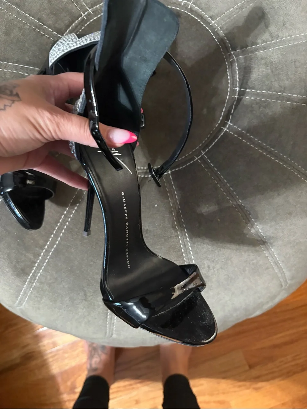 Giuseppe Zanotti Black Patent Stiletto Sandals with Crystal Lightning Detail